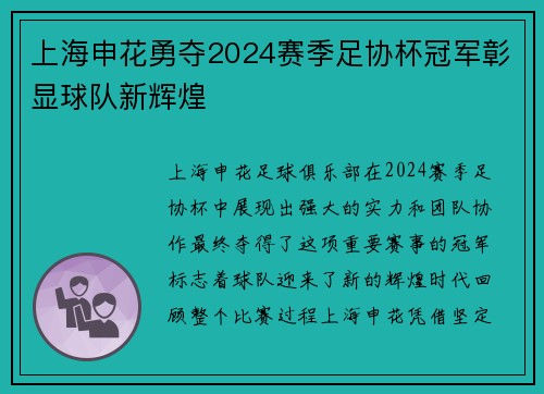 上海申花勇夺2024赛季足协杯冠军彰显球队新辉煌 上海申花勇夺2024赛季足协杯冠军彰显球队新辉煌